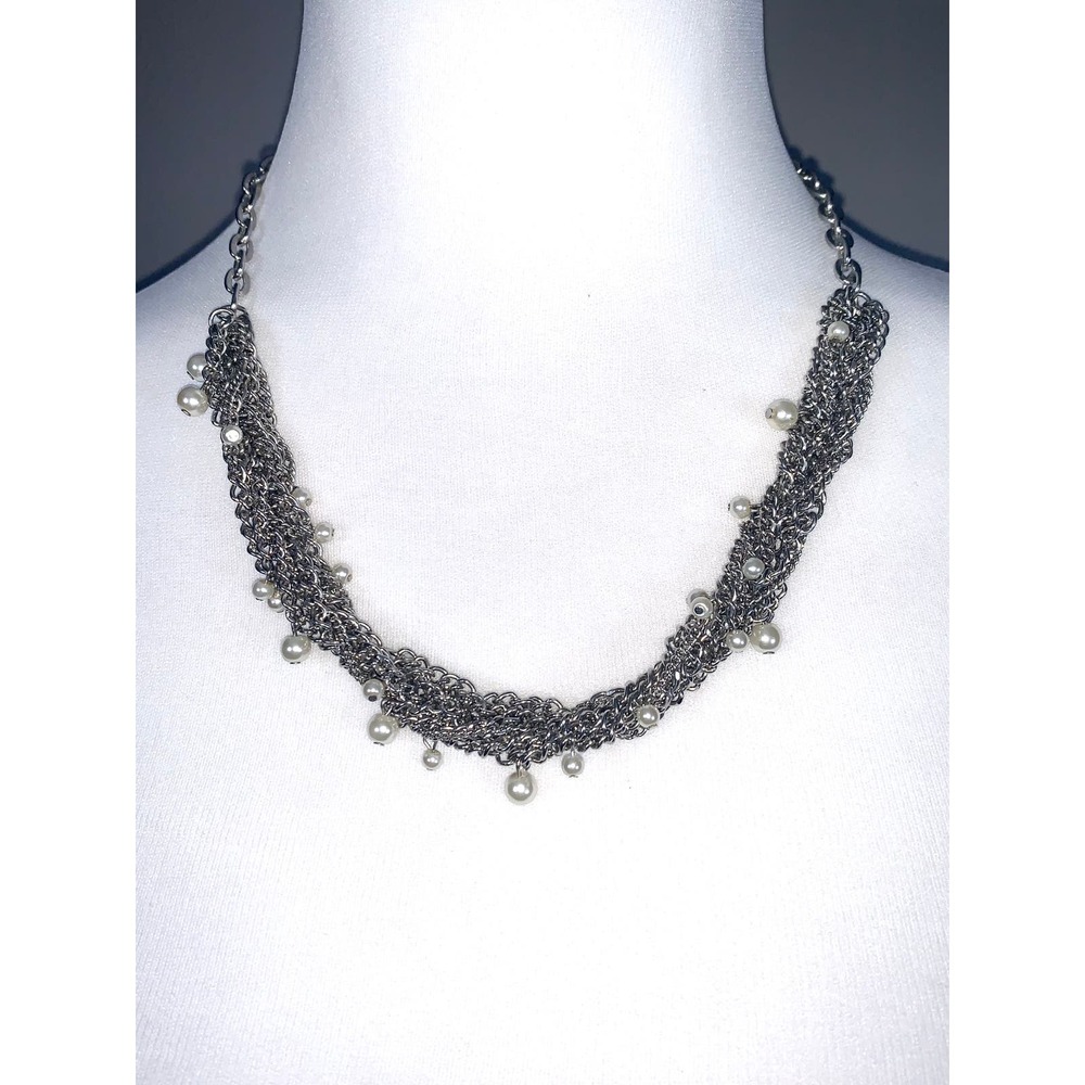 Vera Wang Silver Tone Braided Multichain Faux Pearl Necklace EUC
